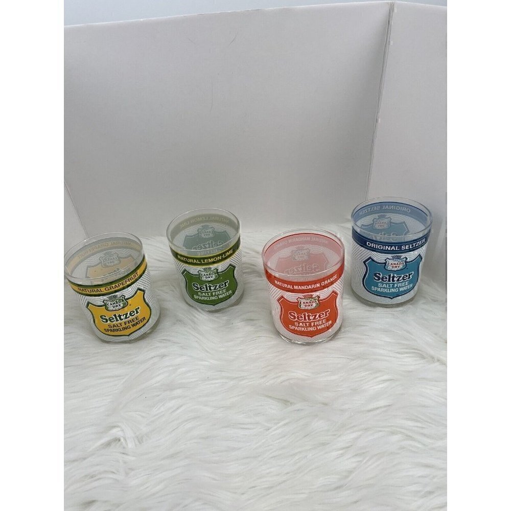 Set Of 4 Vintage Canada Dry Seltzer Lowball Glasses Yellow Green Orange Blue